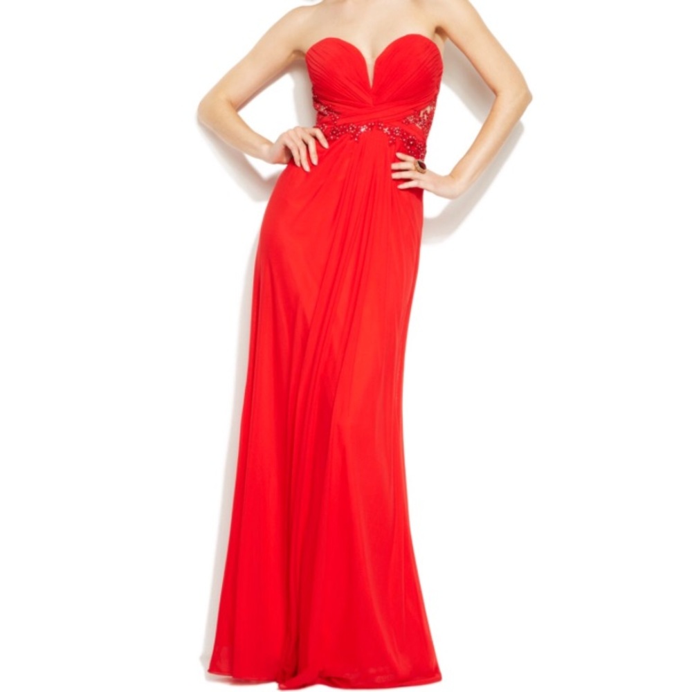 Red Embellished Strapless Dress